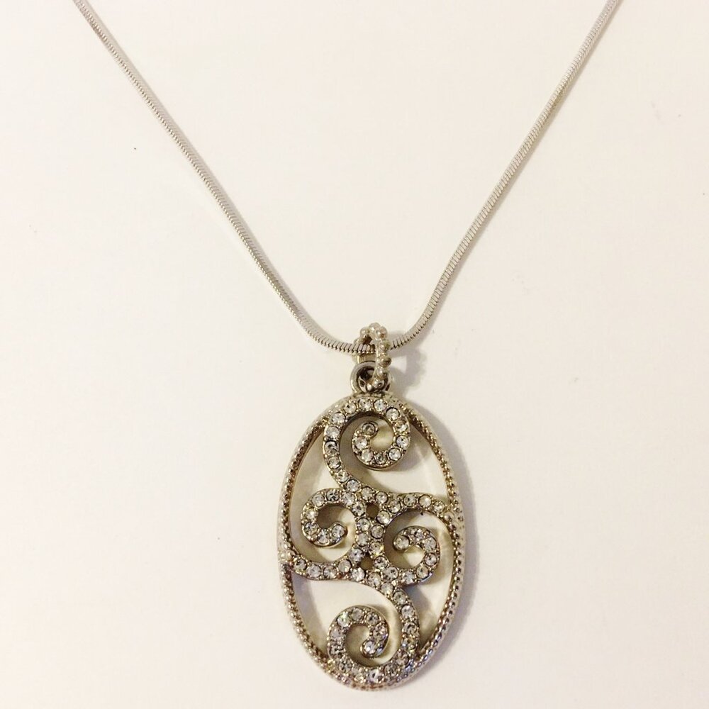 Clear Rhinestone Pendant Snake Chain Necklace Oval Textured Silver Tone Metal